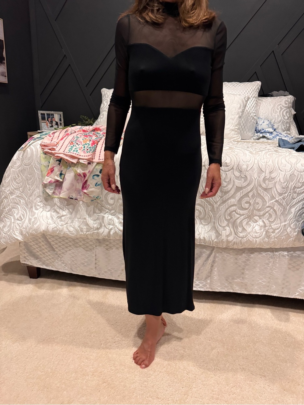 Petal And Pup. Elegant Black Sheer-Panel Midi Dress